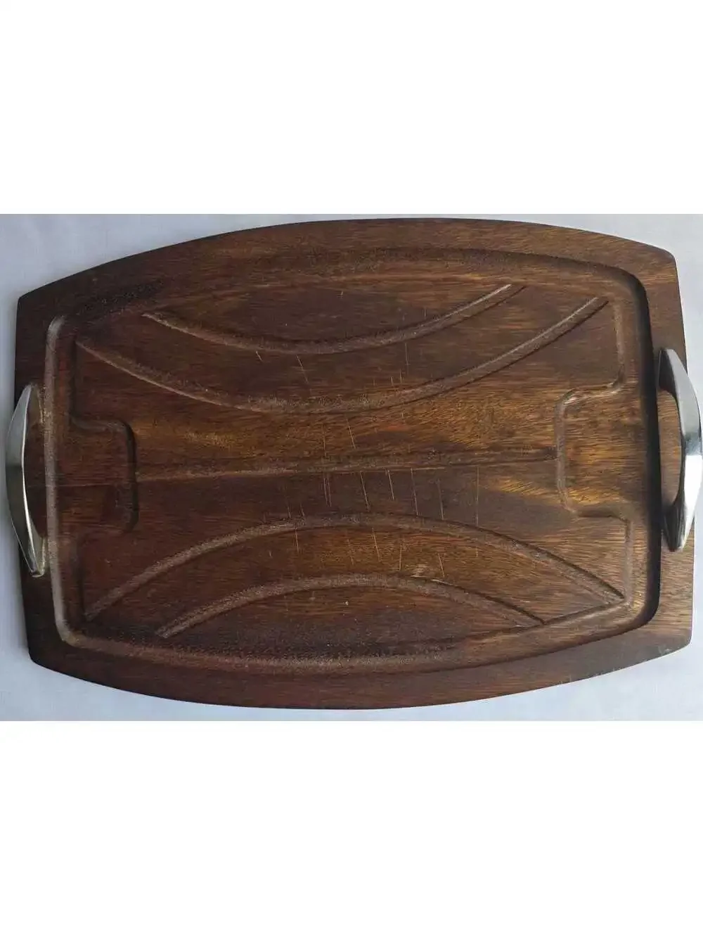 Vintage Wooden Serving Tray w/ Metal Handles Carved Design Solid Wood